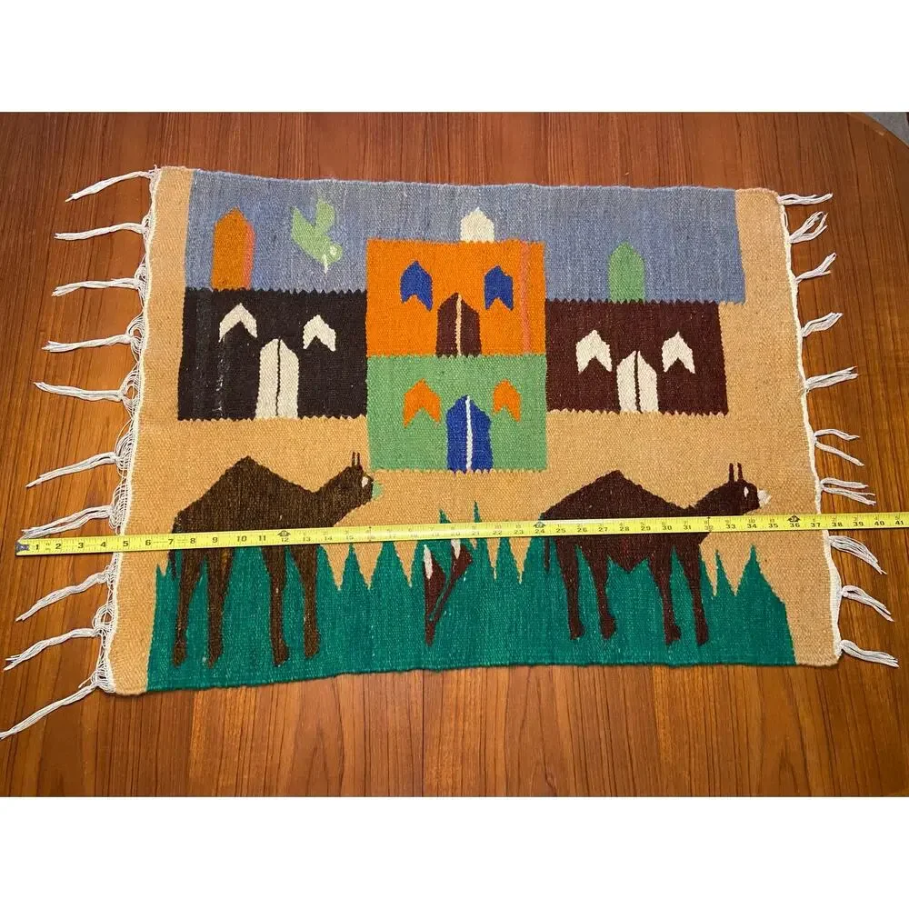 Egyptian Woven Tapestry Rug Wall Hanging Camels Village Folk Art Souvenir